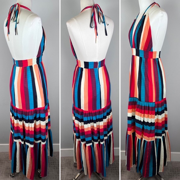 LUXXEL, Striped Colorful Maxi Dress, Halter Neck, Low Back, Small - Picture 3 of 12